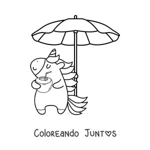 Imagen para colorear de un unicornio animado bajo una sombrilla de playa