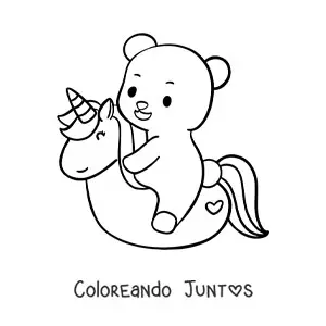 Imagen para colorear de un oso kawaii sobre un flotador con forma de unicornio