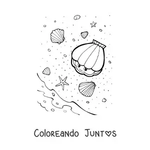 Imagen para colorear de varias conchas marinas en la orilla de la playa