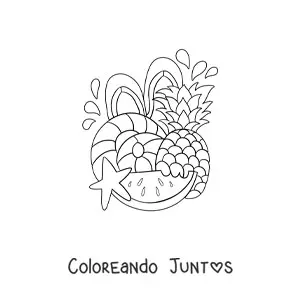Imagen para colorear de varias frutas y accesorios de playa