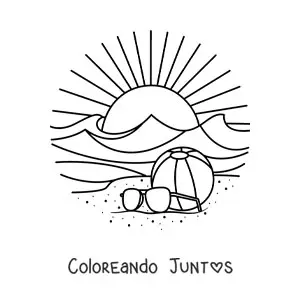 Imagen para colorear de un atardecer en la playa con una pelota en la arena