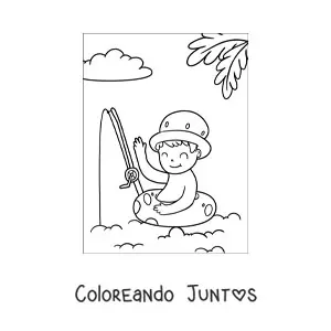 Imagen para colorear de un niño pescando en el mar usando un salvavidas