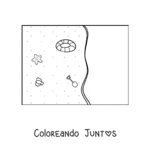 Imagen para colorear de varios juguetes de playa en la arena