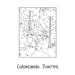 Imagen para colorear de un zorro junto a un búho kawaii en el bosque