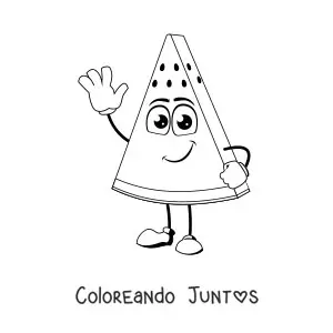 Imagen para colorear de una sandía animada saludando con una mano