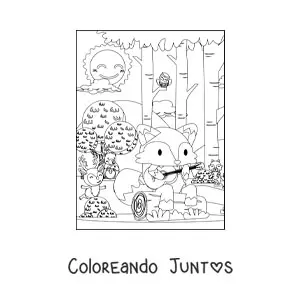Imagen para colorear de un zorro kawaii en el bosque