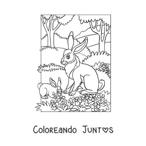 Imagen para colorear de dos conejos en el bosque