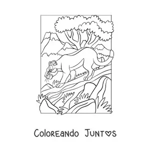 Imagen para colorear de un puma sobre un tronco en el bosque