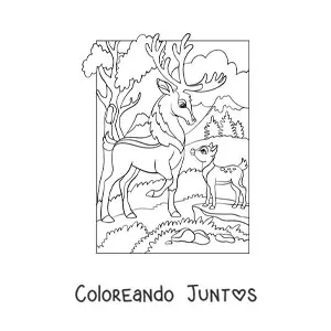 Imagen para colorear de un venado adulto y un venado pequeño en el bosque