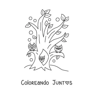 Imagen para colorear de varios búhos dentro de un árbol en el bosque