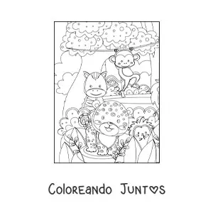 Imagen para colorear de varios animales de la selva kawaii