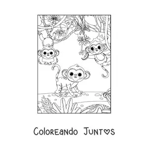 Imagen para colorear de tres monos kawaii en la selva