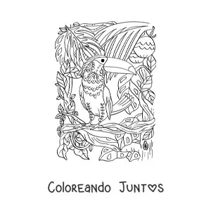 Imagen para colorear de un tucán en la selva tropical