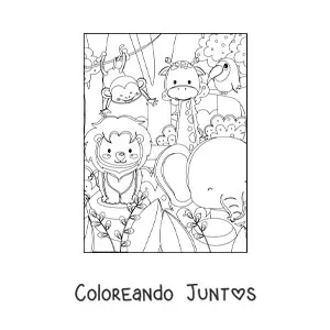 Imagen para colorear de varios animales de selva africana kawaii