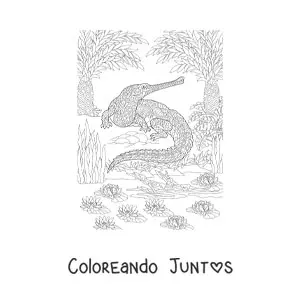Imagen para colorear de un mandala con diseño de caimán de selva tropical