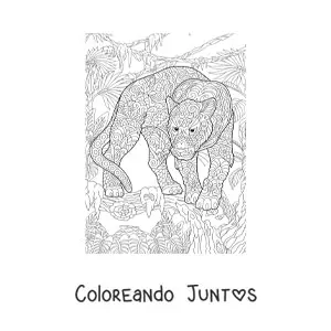Imagen para colorear de un mandala con diseño de leopardo en la selva