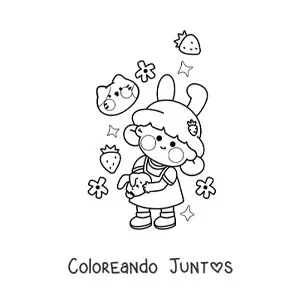 Imagen para colorear de una niña rodeada de fresas estrellas flores y un gatito