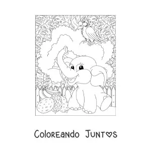 Imagen para colorear de un elefante kawaii en la selva