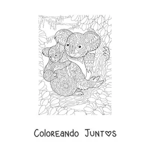 Imagen para colorear de un mandala con diseño de dos koalas en la selva