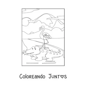 Imagen para colorear de un flamingo y cocodrilo salvaje junto a un lago