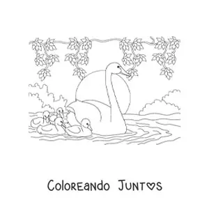 Imagen para colorear de varios cisnes nadando en el lago