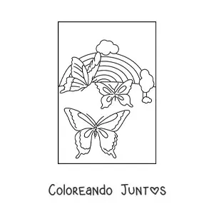 Imagen para colorear de un arcoíris con 3 mariposas grandes y nubes
