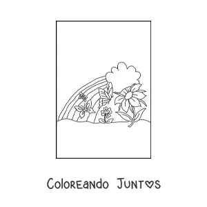 Imagen para colorear de un arcoíris con 2 flores, 3 mariposas pequeñas y una nube