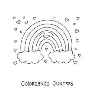 Imagen para colorear de un arcoíris animado sonriente con nubes, rodeado de corazones