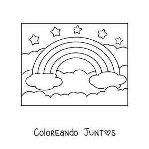 Imagen para colorear de un arcoíris grande con nubes y estrellas