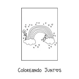 Imagen para colorear de 2 niñas sobre nubes en los extremos de un arcoíris rodeado de corazones