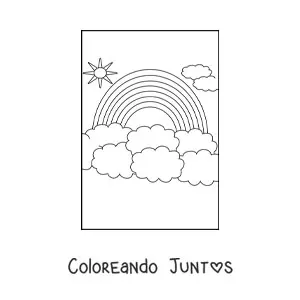 Imagen para colorear de un arcoíris grande rodeado de nubes y el Sol