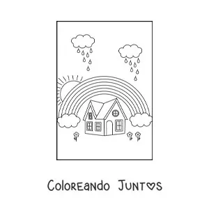 Imagen para colorear de un arcoíris sobre una casa, con 2 nubes lloviendo y un Sol