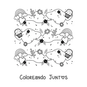 Imagen para colorear de patrón de aircoíris lindos con nubes, cupcakes, corazones, flores y hojas