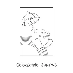 Imagen para colorear de kirby con una sombrilla sobre un arcoíris