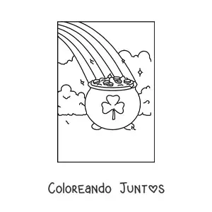 Imagen para colorear de olla de oro con estampado de trébol al final de un arcoíris