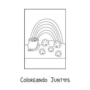 Imagen para colorear de un arcoíris con olla de oro y 5 tréboles