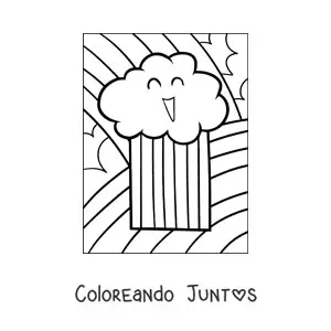 Imagen para colorear de nube bonita animada sonriendo con arcoíris al fondo