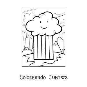 Imagen para colorear de nube animada con arcoíris, montañas y una ciudad al fondo