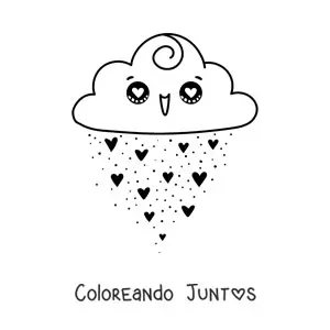 Imagen para colorear de nube kawaii sonriendo con lluvia de corazones