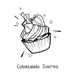 Imagen para colorear de un cupcake decorado con crema y una fresa