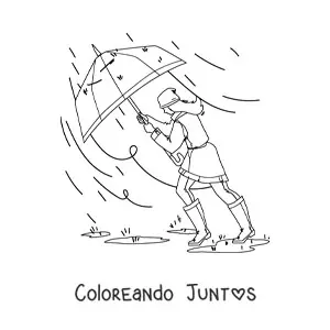 Imagen para colorear de niña con paraguas caminando en una tormenta fuerte
