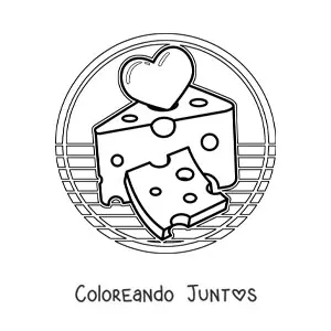 Imagen para colorear de un trozo y una rebanada de queso con un corazón