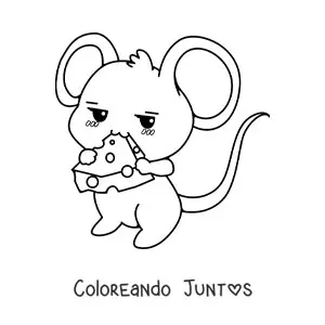 Imagen para colorear de un ratón animado kawaii comiendo queso