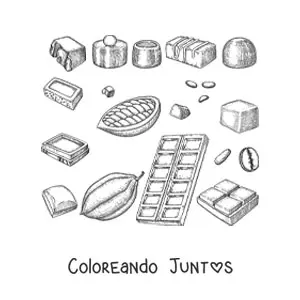 Imagen para colorear de varios trozos de chocolates y de cacao