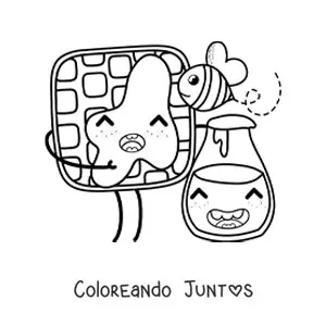 Imagen para colorear de un waffle animado kawaii con un frasco de miel y una abeja