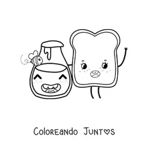 Imagen para colorear de una tostada animada kawaii con un frasco de miel y una abeja