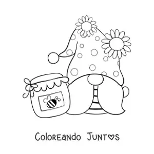 Imagen para colorear de un gnomo kawaii con un tarro de miel