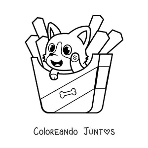 Imagen para colorear de un perro kawaii animado dentro de un paquete de papas fritas