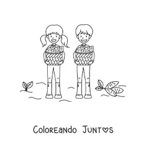 Imagen para colorear de dos niños cosechando papas