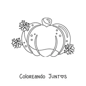 Imagen para colorear de una calabaza junto a hojas de otoño